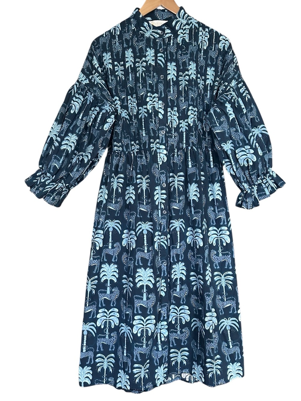 Sheridan French Blue Whimsical Safari Palm Tree Cheetah Midi Dress One Size